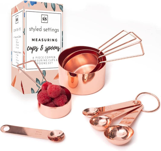 Copper Measuring Cups and Spoons Set - Metal Measuring Cups and Spoons Set - Stackable, Stylish, Sturdy Stainless Steel (8-Piece) - Rose Gold Measuring Cups and Spoons Set