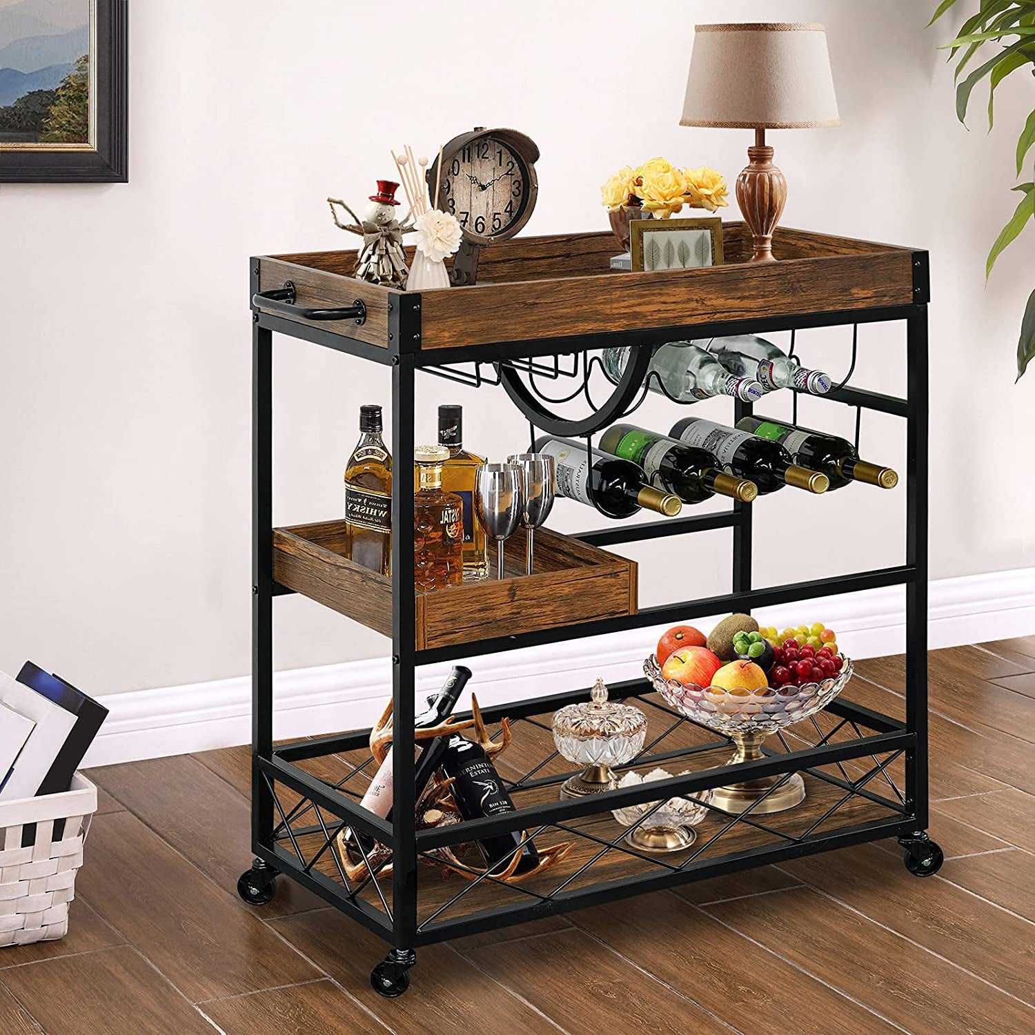 Bar Cart for the Home, 3 Tire Industrial Rolling Serving Cart on Lockable Wheels, Alcoholic Beverage Trolley with 2 Removable Trays, Wine Rack and Glass Holder for Indoor, Outdoor