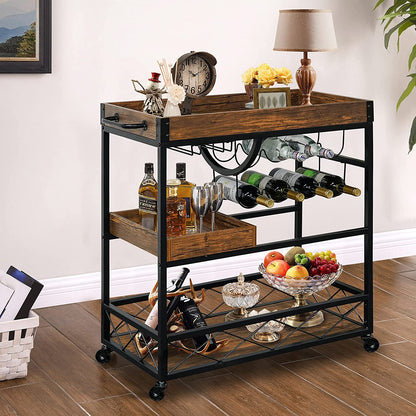 Bar Cart for the Home, 3 Tire Industrial Rolling Serving Cart on Lockable Wheels, Alcoholic Beverage Trolley with 2 Removable Trays, Wine Rack and Glass Holder for Indoor, Outdoor