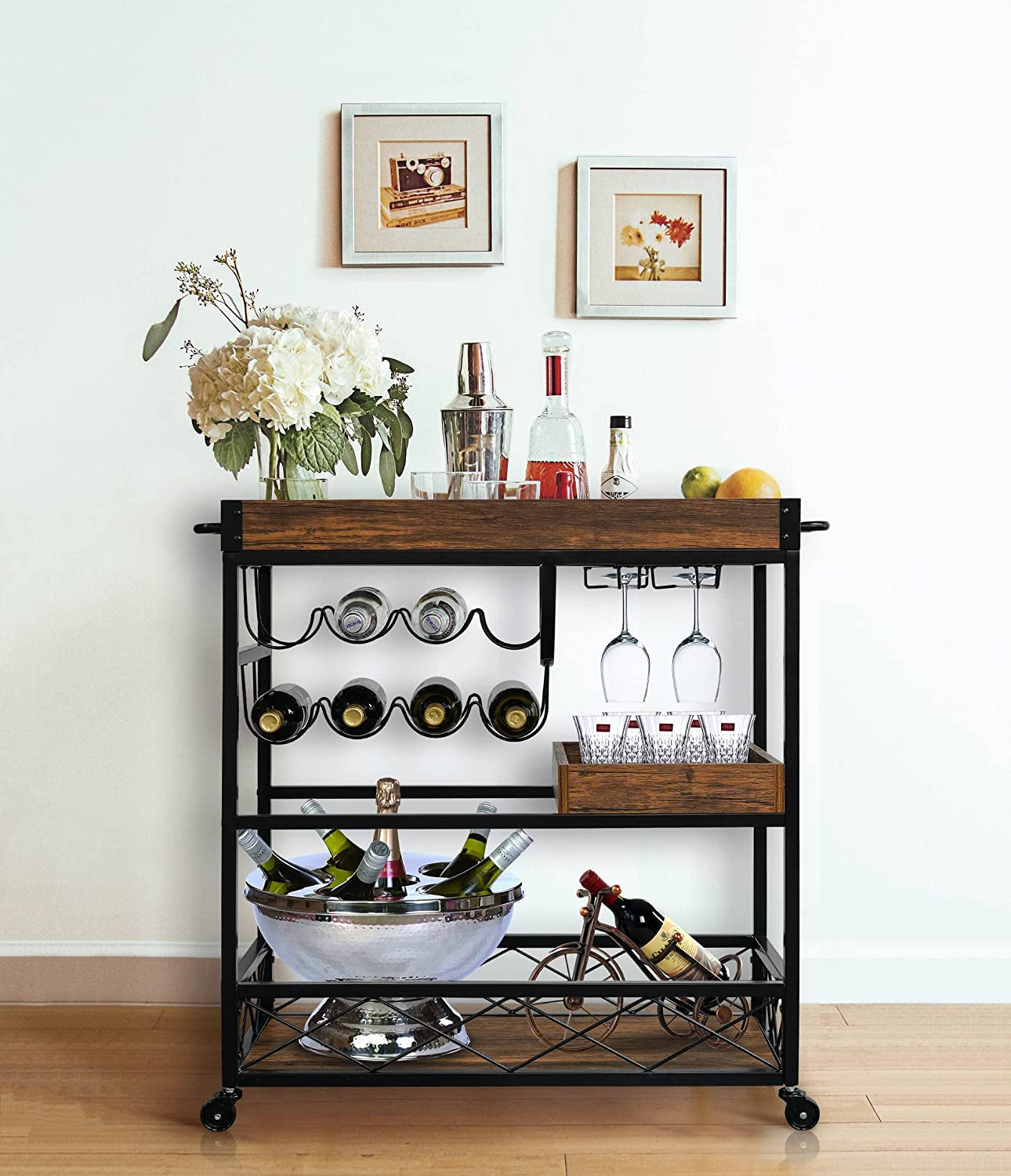 Bar Cart for the Home, 3 Tire Industrial Rolling Serving Cart on Lockable Wheels, Alcoholic Beverage Trolley with 2 Removable Trays, Wine Rack and Glass Holder for Indoor, Outdoor